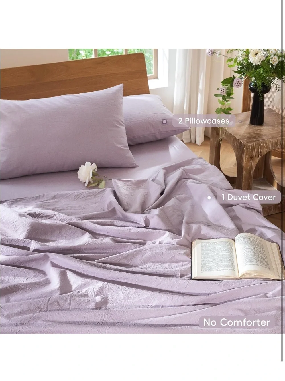 NEW MooMee 100% Washed Cotton, Linen-Like, Duvet Cover Set. Lavender